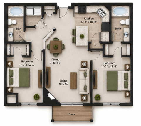 Floor plan for 2 beds, 2 baths, 1166 sqft